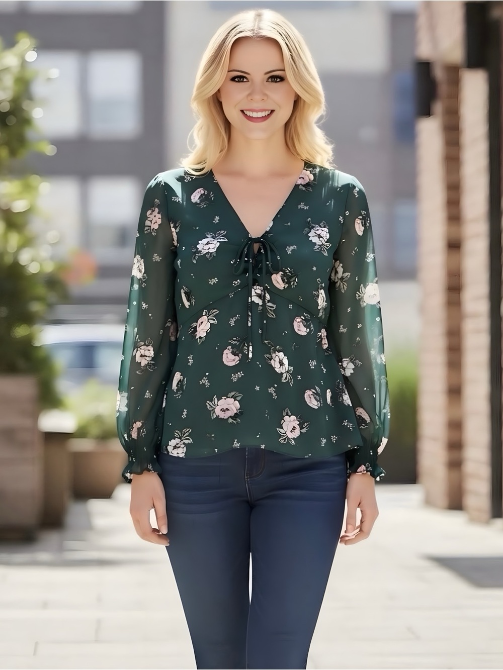 Divided H&M Ladies Green & Pink Floral Flowy Tie Front Blouse Top Sz 12 NWOT